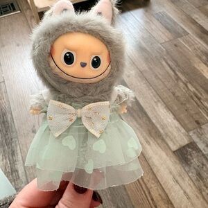 Adorable Plush Doll with Gray Hood and Mint Dress hand beaded pen